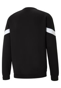 Fekete kapucnis pulcsi, amelyen fehér vízszintes csík található a felső karokon, bordás mandzsetták és kerek nyakkivágás jellemzi. Simább anyag textúrája.