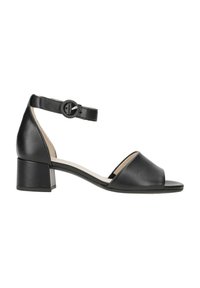 Zwarte leren sandalen met blokhak, open teen, enkelband met een ronde gesp en een gladde textuurafwerking.