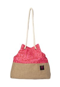 Rosa und beige Tragetasche mit Seilgriffen, oberer Teil in Rosa mit wiederholtem "SEXY"-Textmuster, beiger, strukturierter Boden mit einem kleinen schwarzen Etikett.