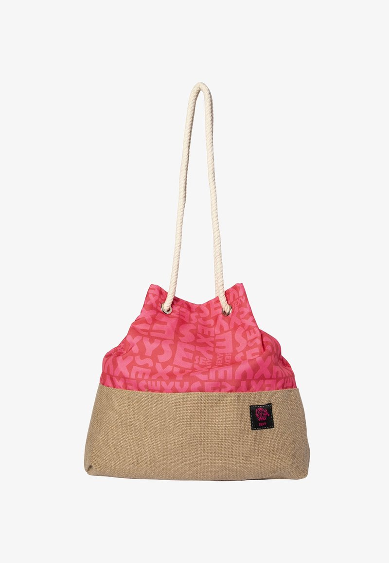 Rosa und beige Tragetasche mit Seilgriffen, oberer Teil in Rosa mit wiederholtem "SEXY"-Textmuster, beiger, strukturierter Boden mit einem kleinen schwarzen Etikett.