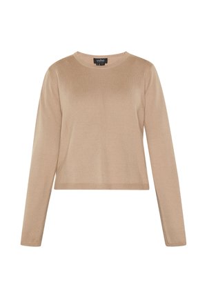 Beige long-sleeve sweater made of soft knit fabric, featuring a round neckline and ribbed hem, with a relaxed fit and minimalistic design.