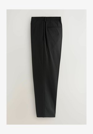 Schwarze Hose mit geradem Bein, aus glattem Stoff, mit einem dezenten Glanz und einer Rücktasche.