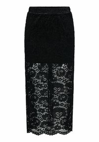 Falda de encaje negro con patrón floral, de media longitud, que presenta un dobladillo festoneado y cinturilla elástica. Sección inferior semitransparente con elaborados detalles de encaje.