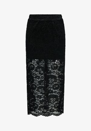 Schwarzer Spitzenrock mit Blumenmuster, mittellang, mit geschwungenem Saum und elastischem Bund. Halbtransparenter unterer Abschnitt mit filigraner Spitzenarbeit.