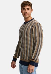 Pull rayé en beige, bleu marine et blanc, avec un col ras du cou et des poignets côtelés. Fabriqué en tissu tricoté texturé, il présente une coupe décontractée.