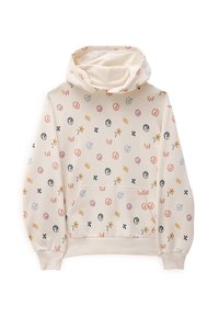 Sudadera beige con un bolsillo frontal, que presenta una mezcla de patrones impresos coloridos que incluyen flores, signos de paz y logotipos.