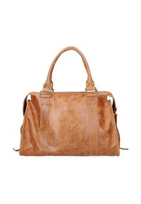 Borsa tote in pelle marrone con texture liscia, doppi manici e accenti in ottone. Presenta una chiusura con zip e cuciture stilizzate.
