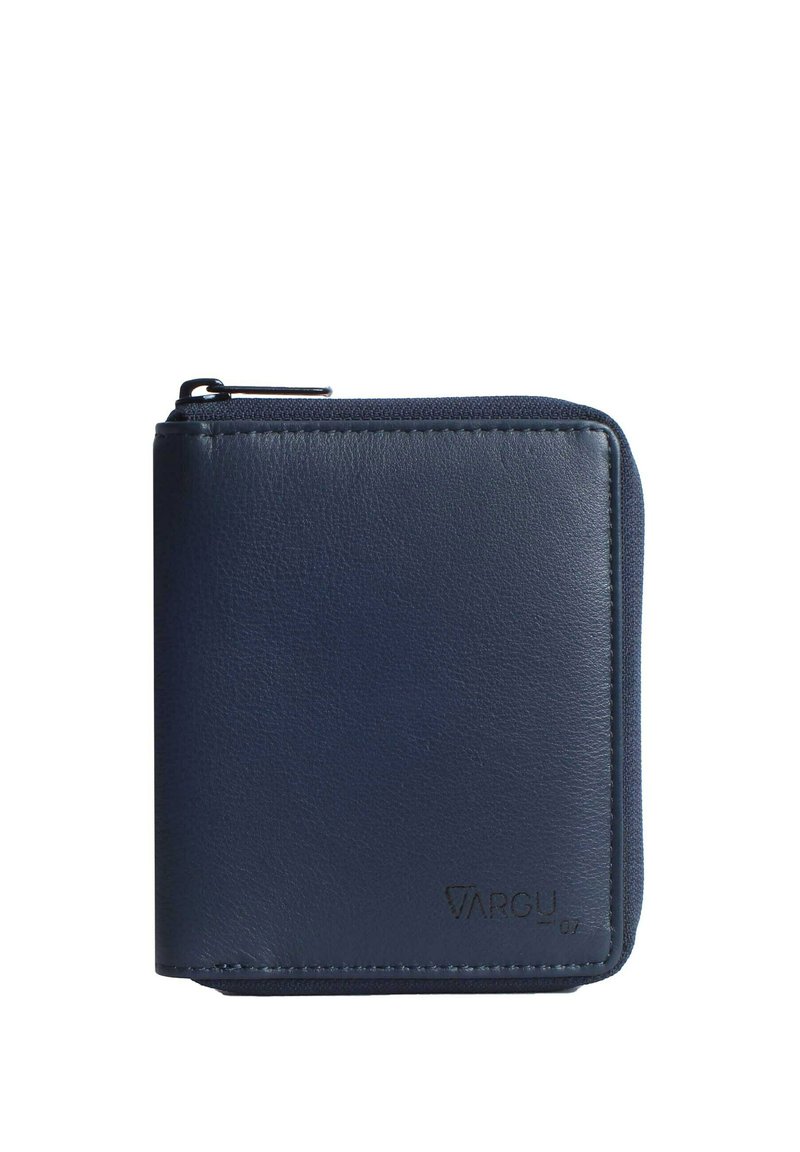 Portafoglio in pelle blu con chiusura a zip, forma quadrata, texture liscia e logo impresso. Presenta cuciture ordinate e un design minimalista.