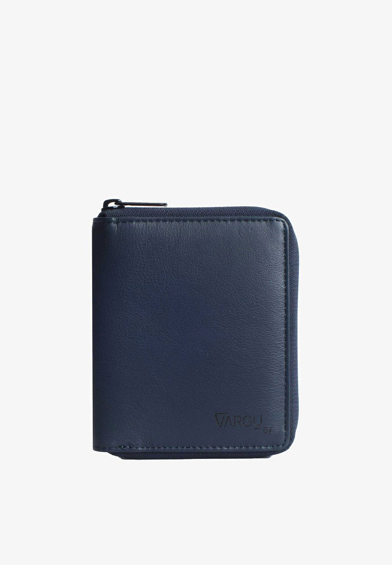 Blue leather wallet with a zip closure, square shape, smooth texture, and embossed logo. Features neat stitching and a minimalist design.