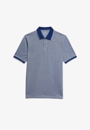 Polohemd in Hellblau mit einem marineblauen Kragen und Bündchen, aus strukturiertem Stoff gefertigt, mit einer 2-Knopf-Leiste und kontrastierenden weißen Akzenten.