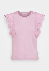 Light pink T-shirt with short, scalloped sleeves featuring embroidered eyelet details. Soft, smooth texture with a round neckline.