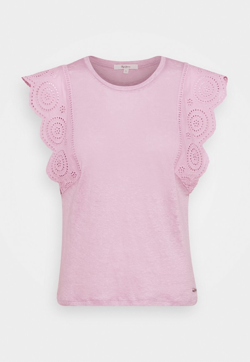 Light pink T-shirt with short, scalloped sleeves featuring embroidered eyelet details. Soft, smooth texture with a round neckline.