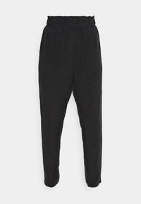 Zwarte zachte stoffen broek met een elastische tailleband, taps toelopende benen en een gladde textuur. Geen zichtbare patronen of hardwaredetails.