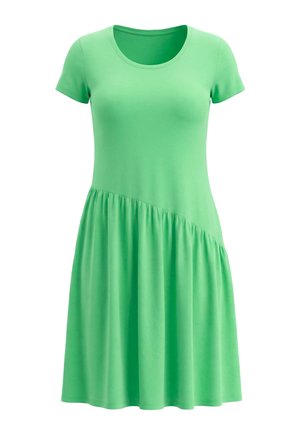 Vihreä lyhythihainen mekko, jossa pyöreä pääntie ja rypytetty hameen sauma viistosti vyötäröllä, polvipituinen helma.