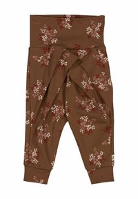 Bruine stof broek met een bloemenpatroon in roze en wit. Het ontwerp heeft een hoge tailleband en taps toelopende boorden voor een verzameld uiterlijk.