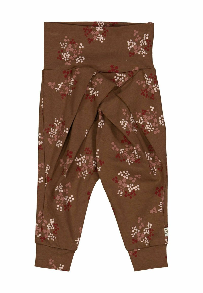 Bruine stof broek met een bloemenpatroon in roze en wit. Het ontwerp heeft een hoge tailleband en taps toelopende boorden voor een verzameld uiterlijk.