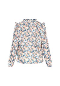 Blomstret langærmet bluse i hvid, blå og pink, med rynket halsudskæring og skulderdetaljer, lavet af et letvægtsstof.