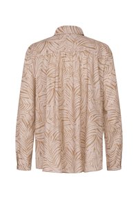 Long-sleeved shirt in light beige with a leaf pattern. Features a collar, button closure, and relaxed fit. Soft, lightweight fabric.