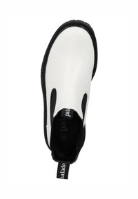 Bottine blanche en cuir avec panneaux élastiques noirs sur les côtés, bout rond, semelle noire robuste et languette de tirage avec le nom de la marque.