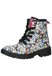 Obuv typu kotníkové boty s límečkem vyrobená z odolného materiálu, se barevným potiskem postaviček po celé ploše, černými tkaničkami a robustní podrážkou.