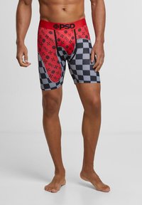 Boxers pour hommes à motifs rouges et noirs avec un design à carreaux, une taille élastique et des motifs graphiques.