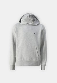 Gray hooded sweatshirt with a kangaroo pocket, ribbed cuffs and hem, featuring a small logo on the chest. Soft, textured fabric.