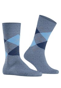 Calzini blu in misto cotone con un motivo argyle caratterizzato da diamanti azzurri e navy, accentuati da cuciture arancioni.