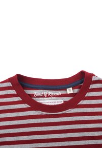 Red and gray striped T-shirt with a crew neckline, soft fabric, and a label reading "Band of Rascals." Features contrasting blue collar.