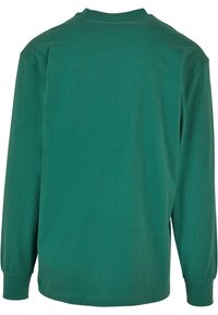 Camiseta verde de manga larga hecha de algodón. Cuenta con un cuello redondo, dobladillo recto y puños ajustados. Textura suave, sin patrones ni acentos visibles.