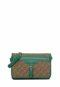 Borsa a tracolla marrone con motivo, dettagli in ecopelle verde, accessori in oro e tracolla regolabile. Presenta una tasca anteriore con zip e dettaglio con chiusura.