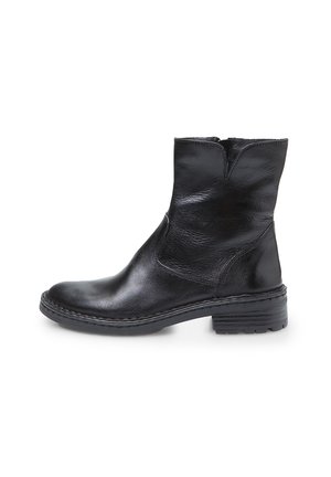 Black leather ankle boot with a smooth finish, rounded toe, subtle stitching, and a low block heel. Side zipper for easy wear.