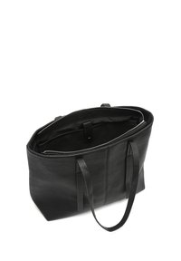 Black leather tote bag with textured surface, zippered top, and flat handles. Interior features a black lining and compartments for organization.