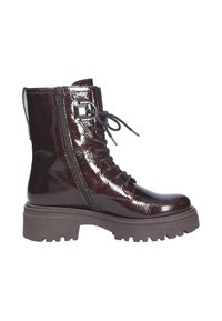 Stivali ankle da donna, in pelle verniciata marrone scuro lucido, con lacci e cerniera laterale, suola in gomma spessa, finitura testurizzata e accenti in metallo argentato.