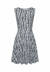 Ärmelloses Kleid mit tailliertem Oberteil und ausgestellt Rock. Es hat ein Schwarz-Weiß-Blattmuster auf einem strukturierten Stoff.