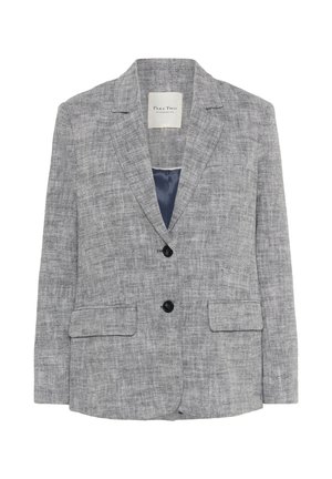Gray textured blazer featuring a notched lapel, two front pockets, and a single button closure. Lined with satin material.