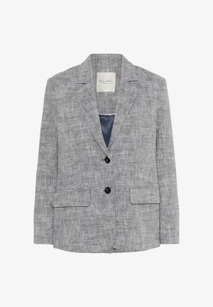 Gray textured blazer featuring a notched lapel, two front pockets, and a single button closure. Lined with satin material.