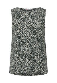 Ärmelloses Oberteil in dunkelgrün mit einem kontrastierenden Zebra-Streifenmuster. Weicher, strukturierten Stoff mit rundem Ausschnitt.