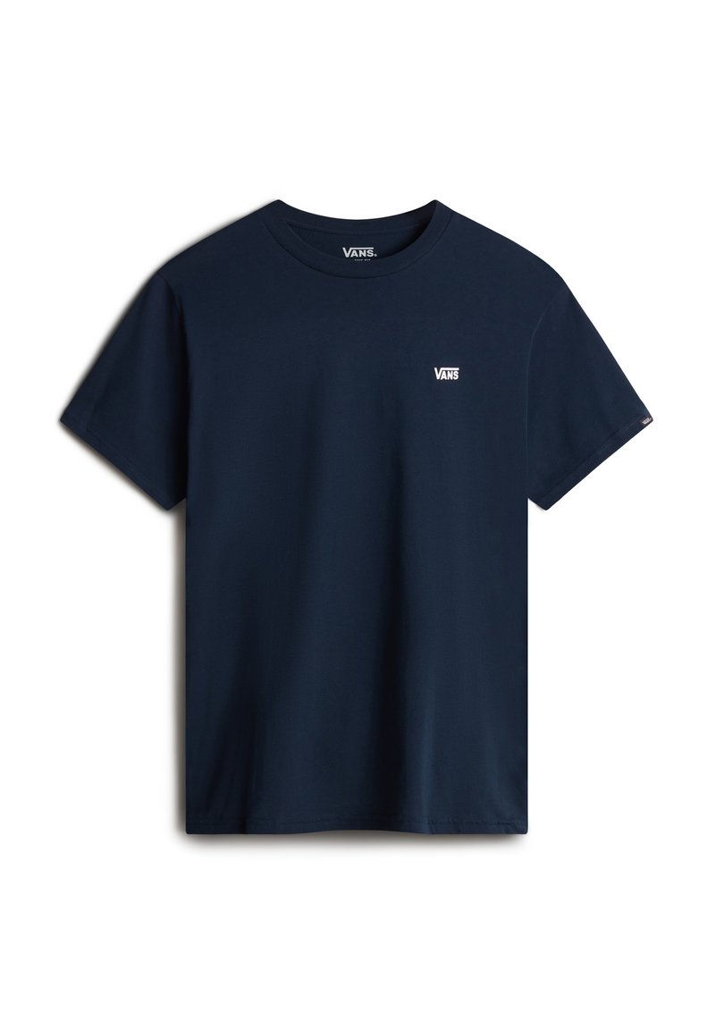 Námořnická modrá tričko s krátkým rukávem z bavlny s kulatým výstřihem a malým bílým logem Vans na levé části hrudi. Hladká textura.