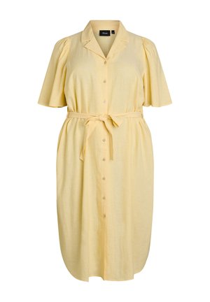 Svetložlté šaty po kolená s krátkymi nadýchanými rukávmi, zapínaním na gombíky vpredu, golierom a opaskom viazaným v páse.