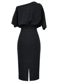 Czarna sukienka z krótkim rękawem, talią ściągniętą, z zapięciem na guziki z tyłu oraz dopasowaną spódnicą z rozcięciem z tyłu.