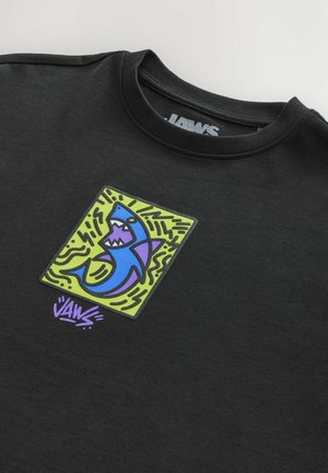 Black sweatshirt featuring a colorful shark graphic on a green background, with vibrant blue and purple accents and a crew neckline.
