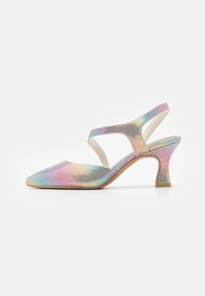 Escarpin slingback à talon moyen pour femme, avec pointe pointue, tissu en maille dégradé arc-en-ciel, et brides croisées.