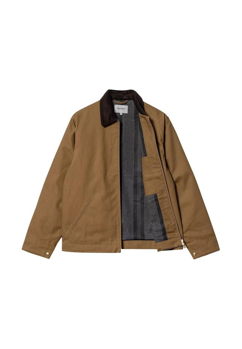 Brown jacket with black collar, partially unzipped to show gray inner lining and two front slit pockets on white background.