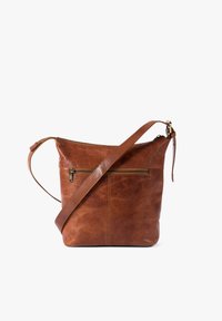 Braune Leder-Umhängetasche mit Reißverschluss oben, verstellbarem Trageriemen und externem Frontfach. Glatte Textur und schlichtes Design.