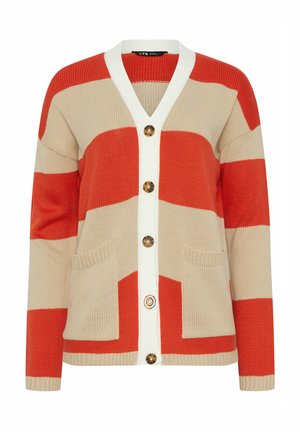 Gebreid vest met knopen, voorzien van brede horizontale strepen in beige en oranje, een witte knopenbies, twee voorzakken en lange mouwen.