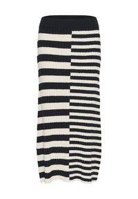 Adīta svītraina zīda svārku ar ribotu tekstūru, kurai ir maiņojošas melnā un krēmkrāsas horizontālās svītras un pieguļošs jostasvērts.