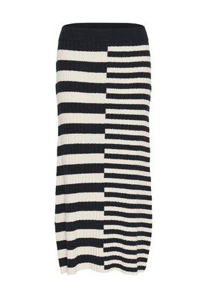 Adīta svītraina zīda svārku ar ribotu tekstūru, kurai ir maiņojošas melnā un krēmkrāsas horizontālās svītras un pieguļošs jostasvērts.