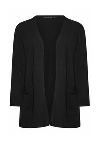 Schwarze Strickjacke mit Dreiviertelärmeln, offenem Vorderteil, zwei vorderen Taschen und einer weichen Stricktextur. Ohne Verschlüsse, lockere Passform.