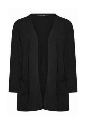 Sort cardigan med trekvartærmer, åben front, to frontlommer og en blød strikstruktur. Ingen lukninger, afslappet pasform.