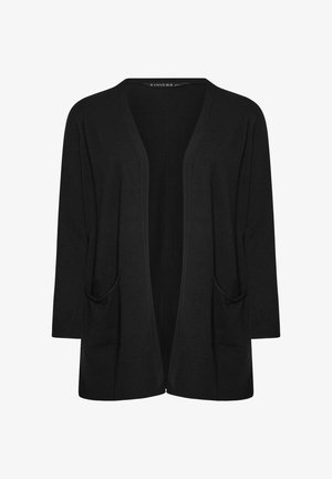 Sort cardigan med trekvartærmer, åben front, to frontlommer og en blød strikstruktur. Ingen lukninger, afslappet pasform.